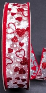 #9 Wired White Sheer Red/White Sprinkle Hearts 1.5" x 50yd!
