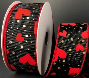 #9 Wired Black Linen Red Hearts Gold Dots 1.5" x 10yd