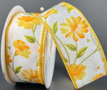 #9 Wired Yellow Flutter Flowers on Satin 1.5" x 10yd