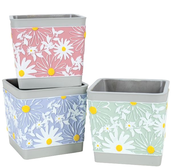 Square Daisy Design Concrete Containers S/3
6.5″ x 6″, Drain Hole,Plug and Liner
