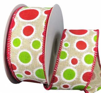 #9 Wired Natural Linen/Red & Lime Dots Ribbon 1.5" x 10yd 750017.LM