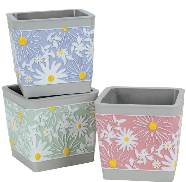 Square Daisy Design Concrete Containers S/6
4.75" x 5", Drain Hole, Plug and Liner