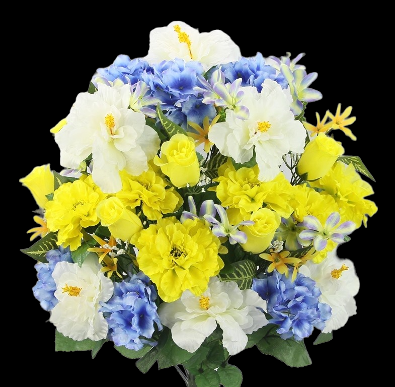 Yellow/Blue/Cream Mixed Hibiscus Rose Bud Zinnia x 36 24" 6871975.YBC