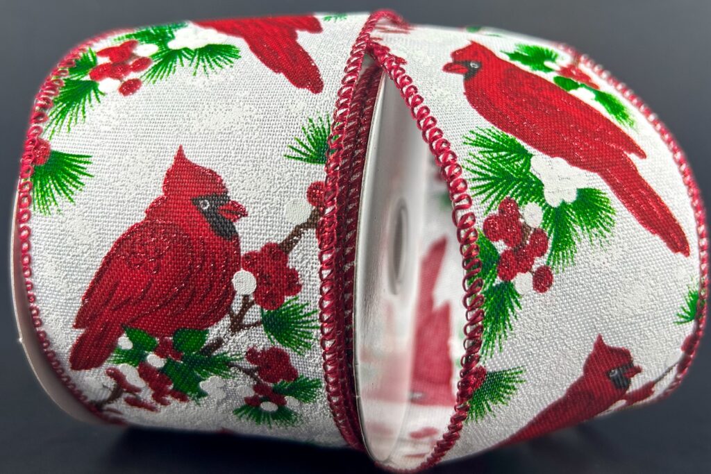 #40 Wired Sitting Cardinals on White Linen 2.5" x 10yd 756350