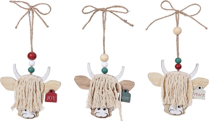 Wood Merry Moo Cow with Yarn Ornament S/3 5.5" 965104