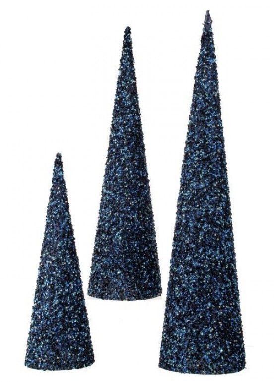 Midnight Blue Sequin/Bead Cone Tree S/3 30", 24", 18" 966422.MBL